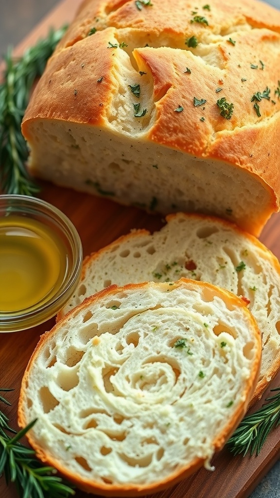 Freshly baked garlic and herb bread slices on a wooden board with olive oil for dipping.